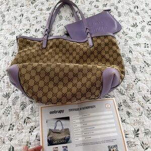 Gucci Tan Canvas Lavender Purple Leather Trim Shoulder Bag & Pouch(COA included)